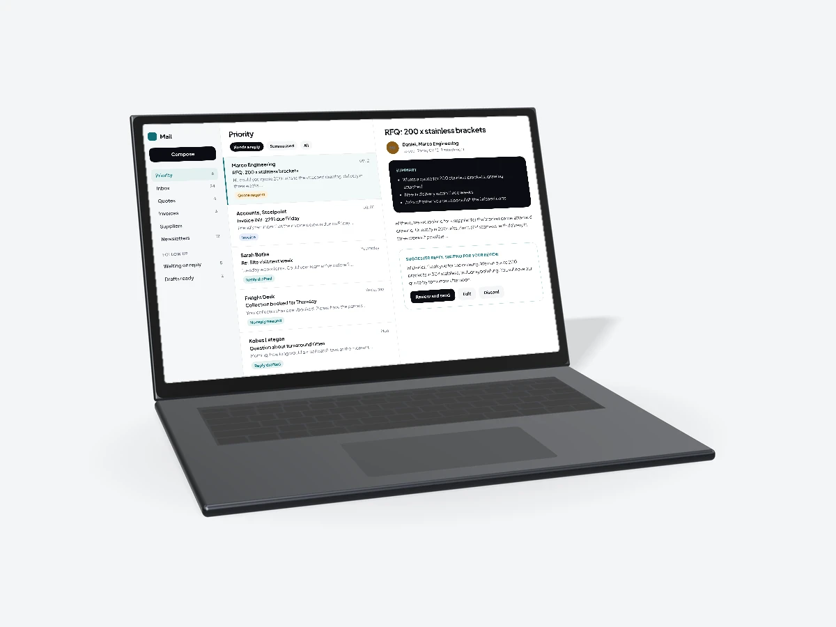 Concept of Ovoras AI Email Management on a laptop, with a thread summary and a suggested reply